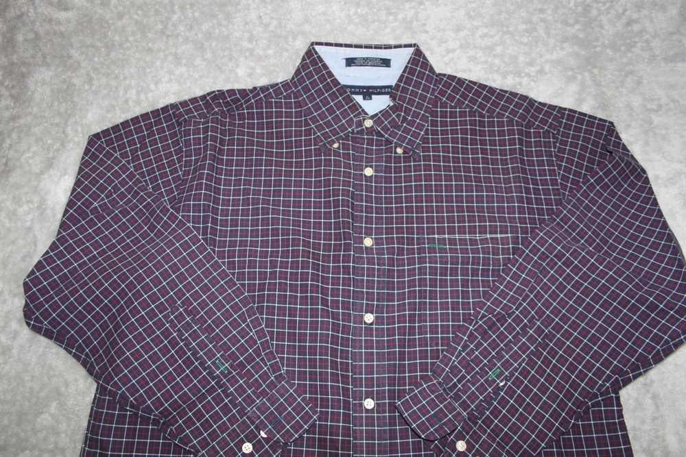 Tommy Hilfiger Shirt Mens L Blue Plaid Button Up Long Sleeve Cotton Pockets